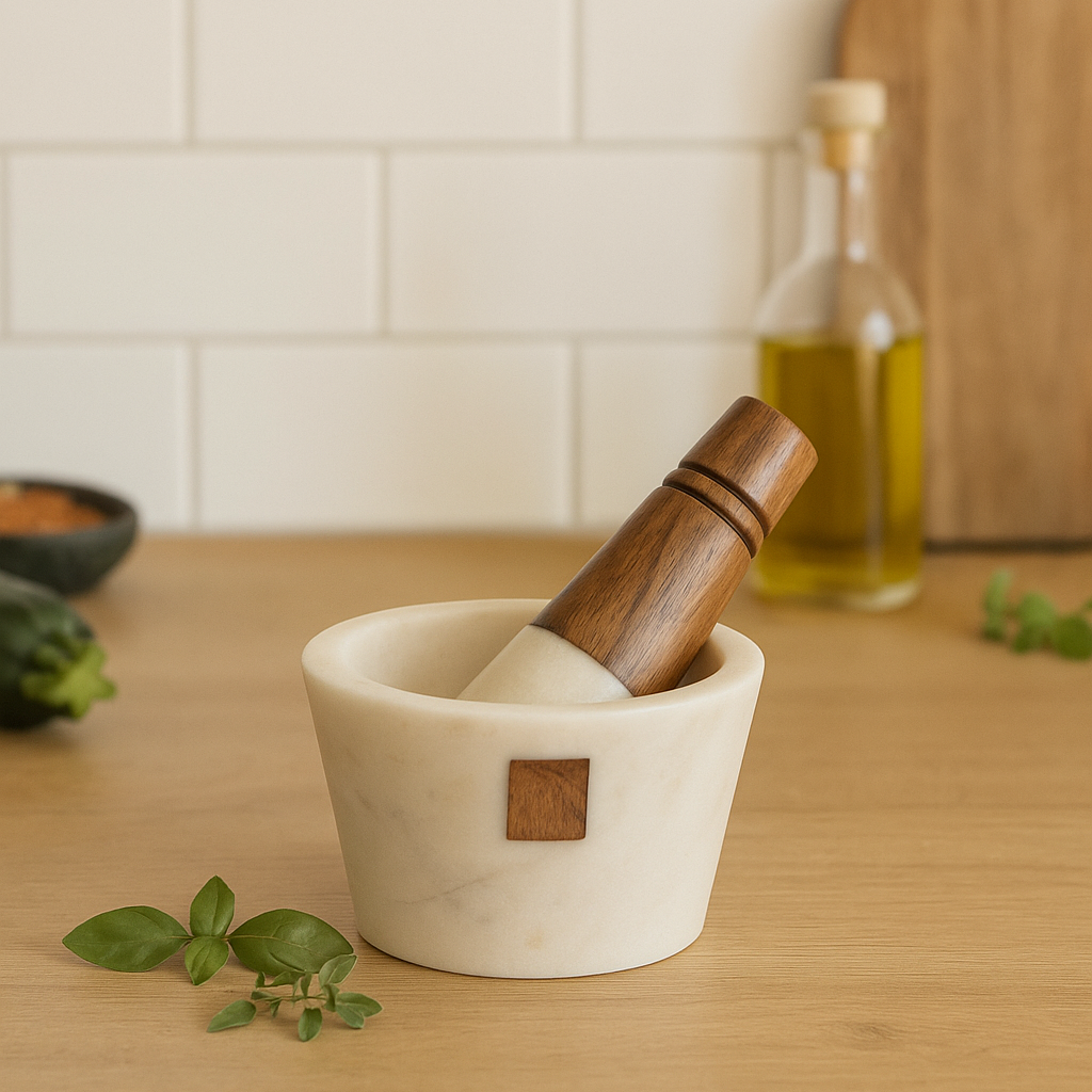 Mortier de cuisine en marbre blanc et bois d'acacia