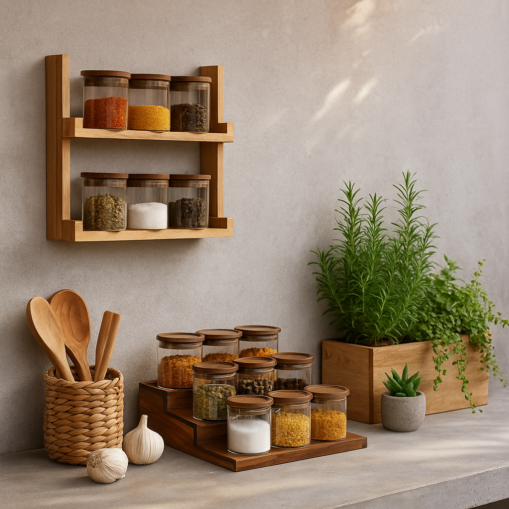 Set de pots à épices avec socle escalier en bois GUSTAVE