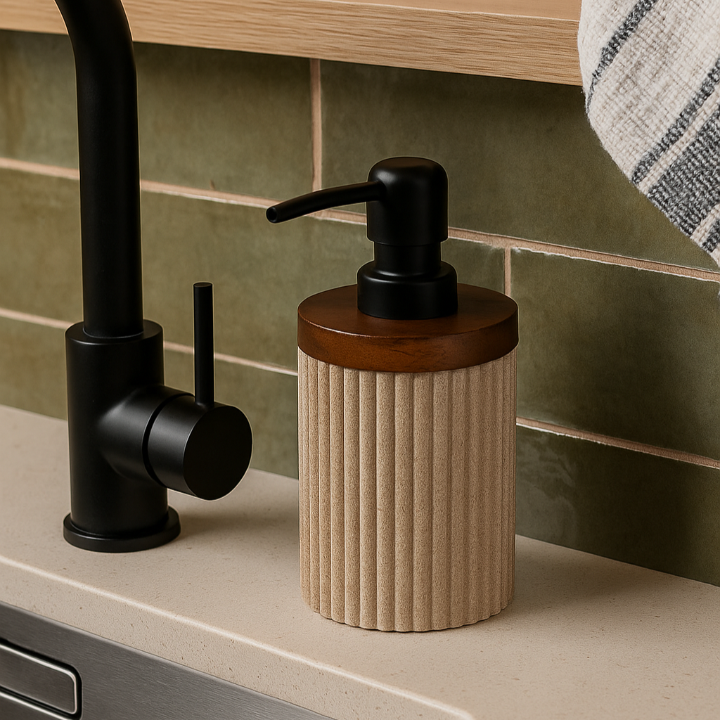 Distributeur de savon texturé en résine beige et bois foncé ALBA