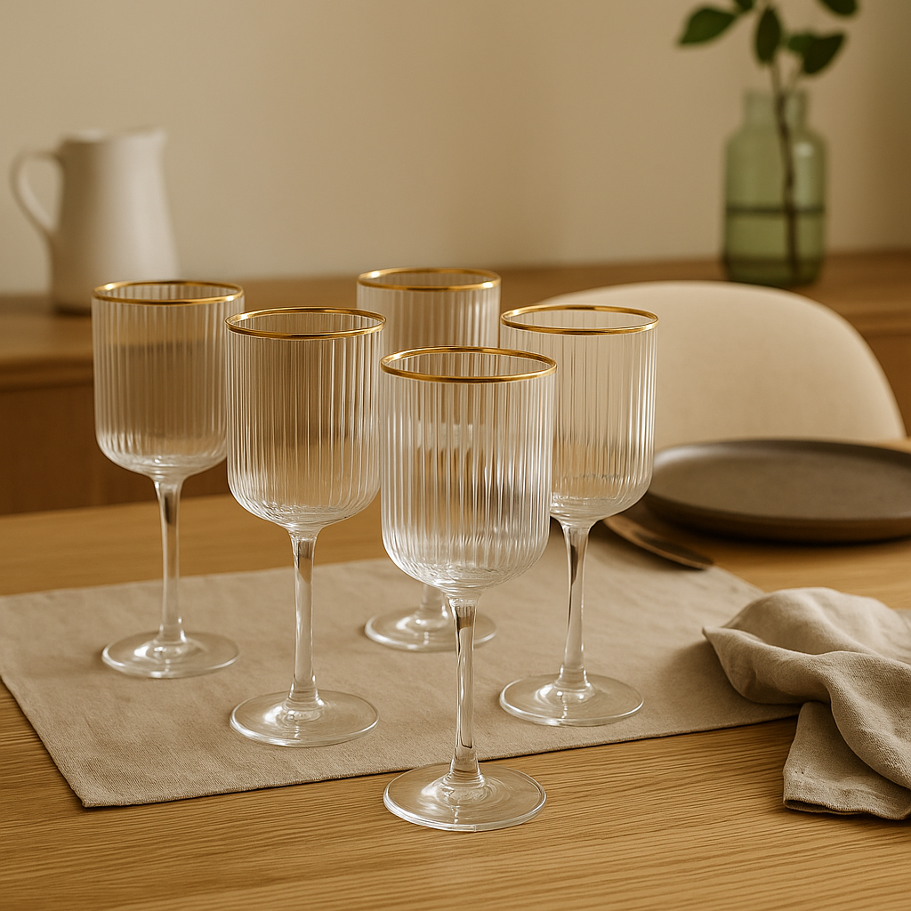 Verres à pied en verre nervuré et liseré doré CLÉO (6 unités)