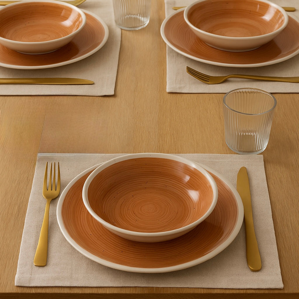 Service d'assiette en grès orange et blanc