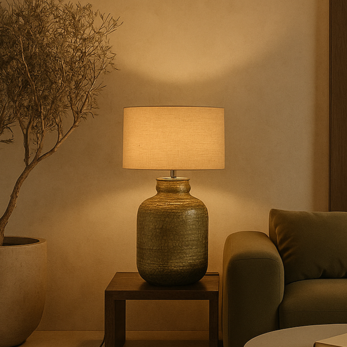 Lampe de table en aluminium vert avec abat-jour beige