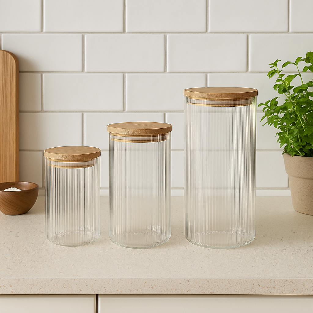 Set de 3 bocaux en verre rainuré avec couvercle en bambou