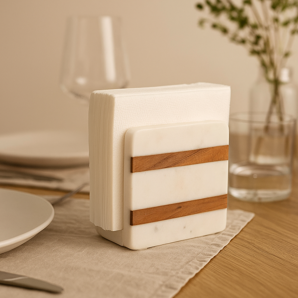 Porte-serviettes en marbre blanc et acacia