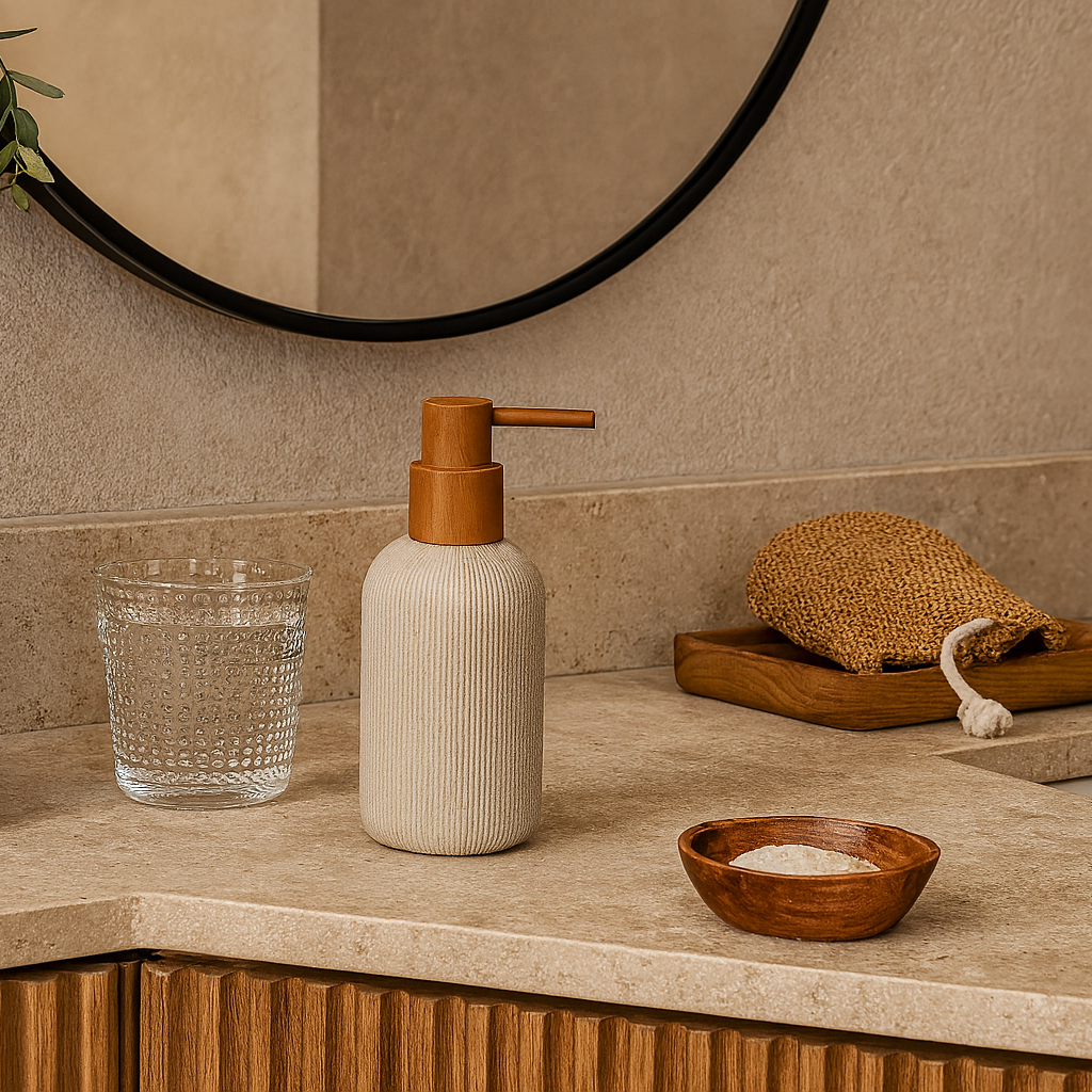 Distributeur savon en résine nervurée beige et marron NOBU