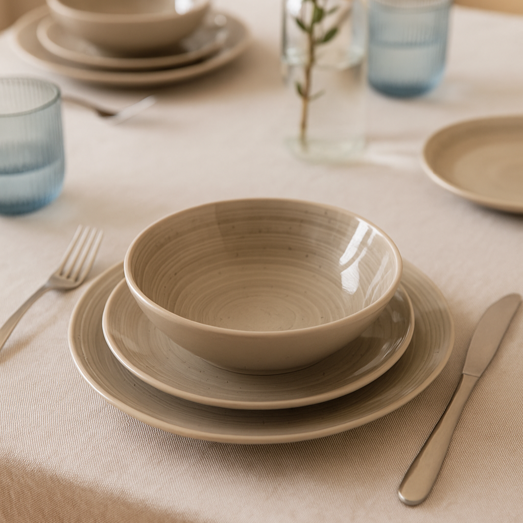 Service d'assiette en grès beige/gris MAYA