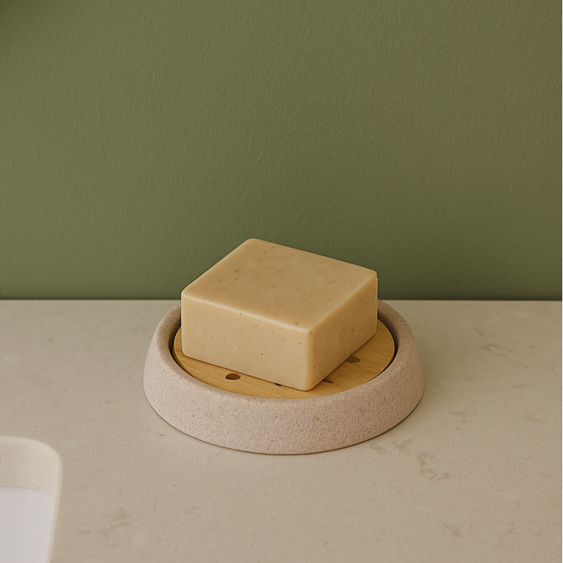 Porte-savon en grès beige et bois ANDREA