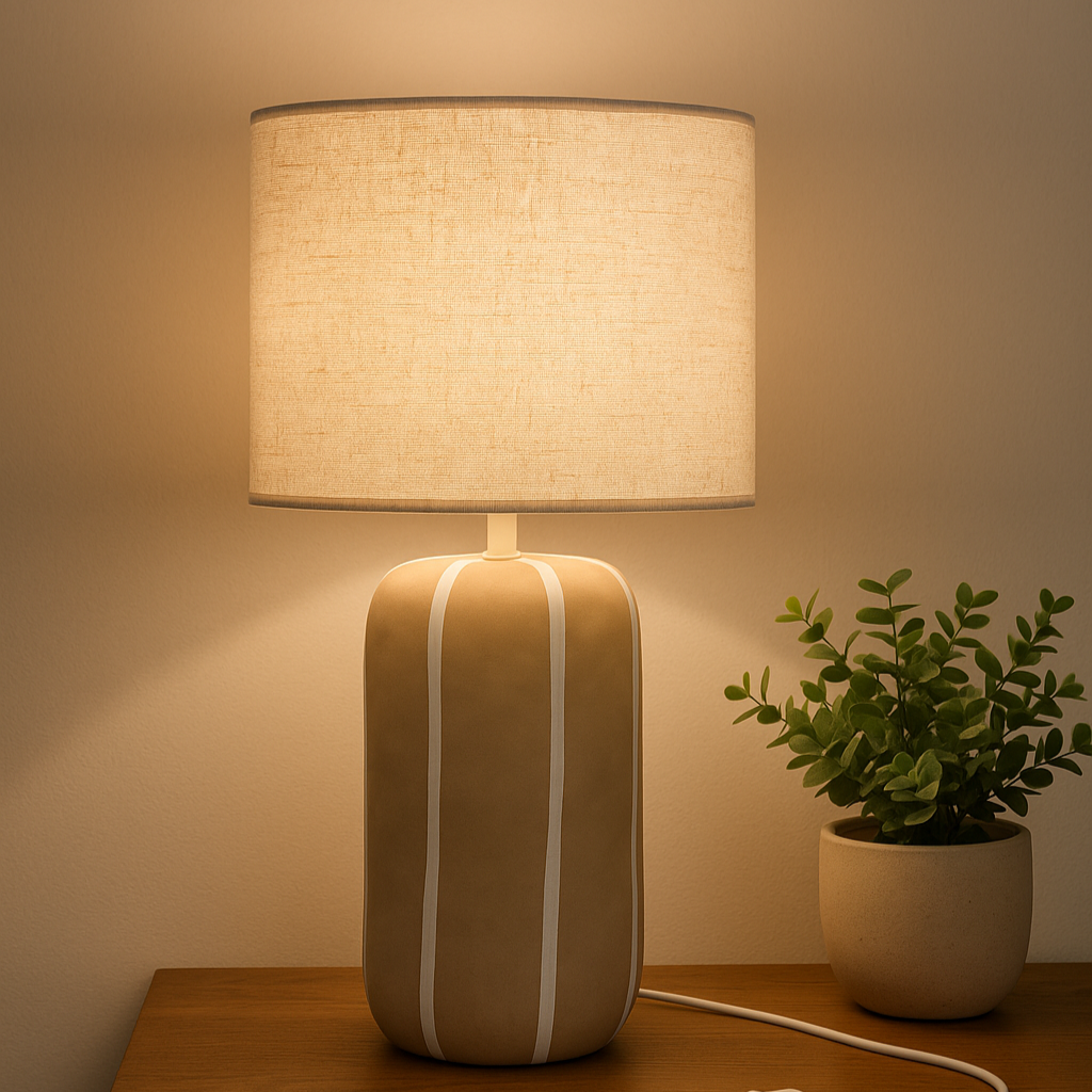 Lampe en céramique beige à rayures blanches AMALIA