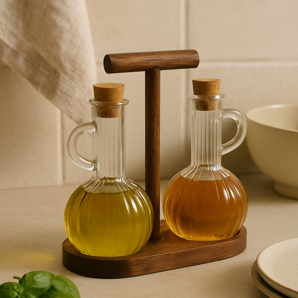 Duo huilier et vinaigrier en verre & bois d’acacia