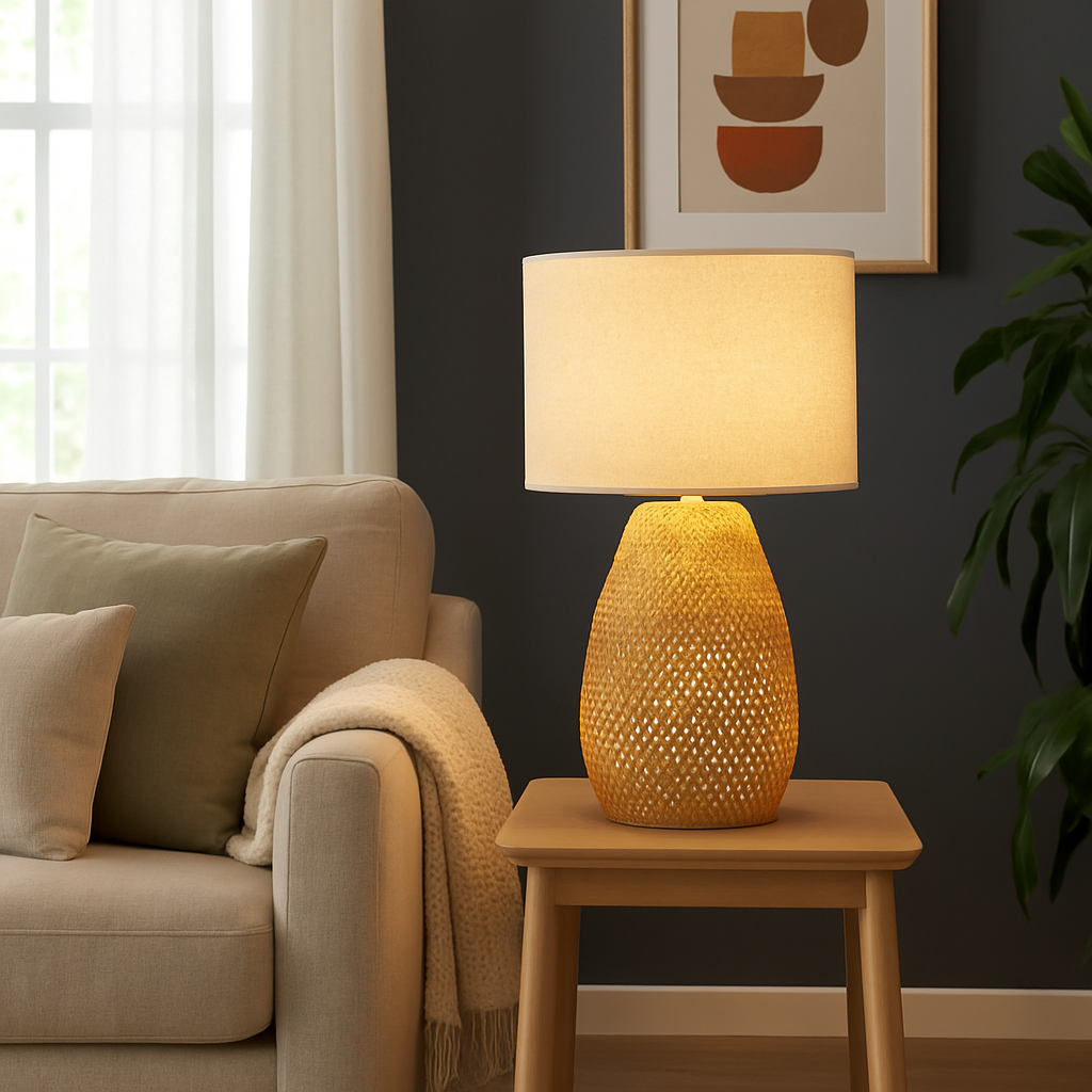 Lampe à poser en bambou tressé et abat-jour clair