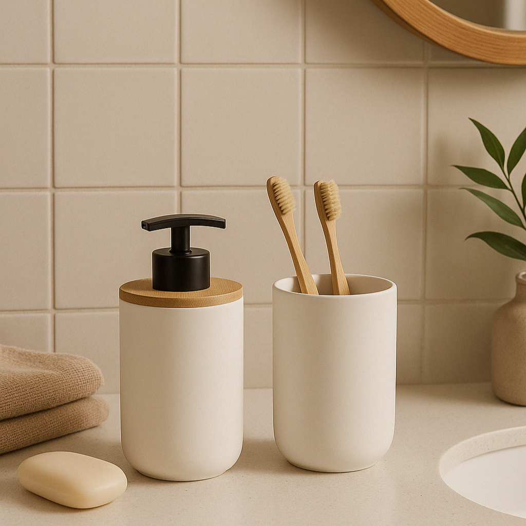 Ensemble de bain céramique blanc & bambou BALOO