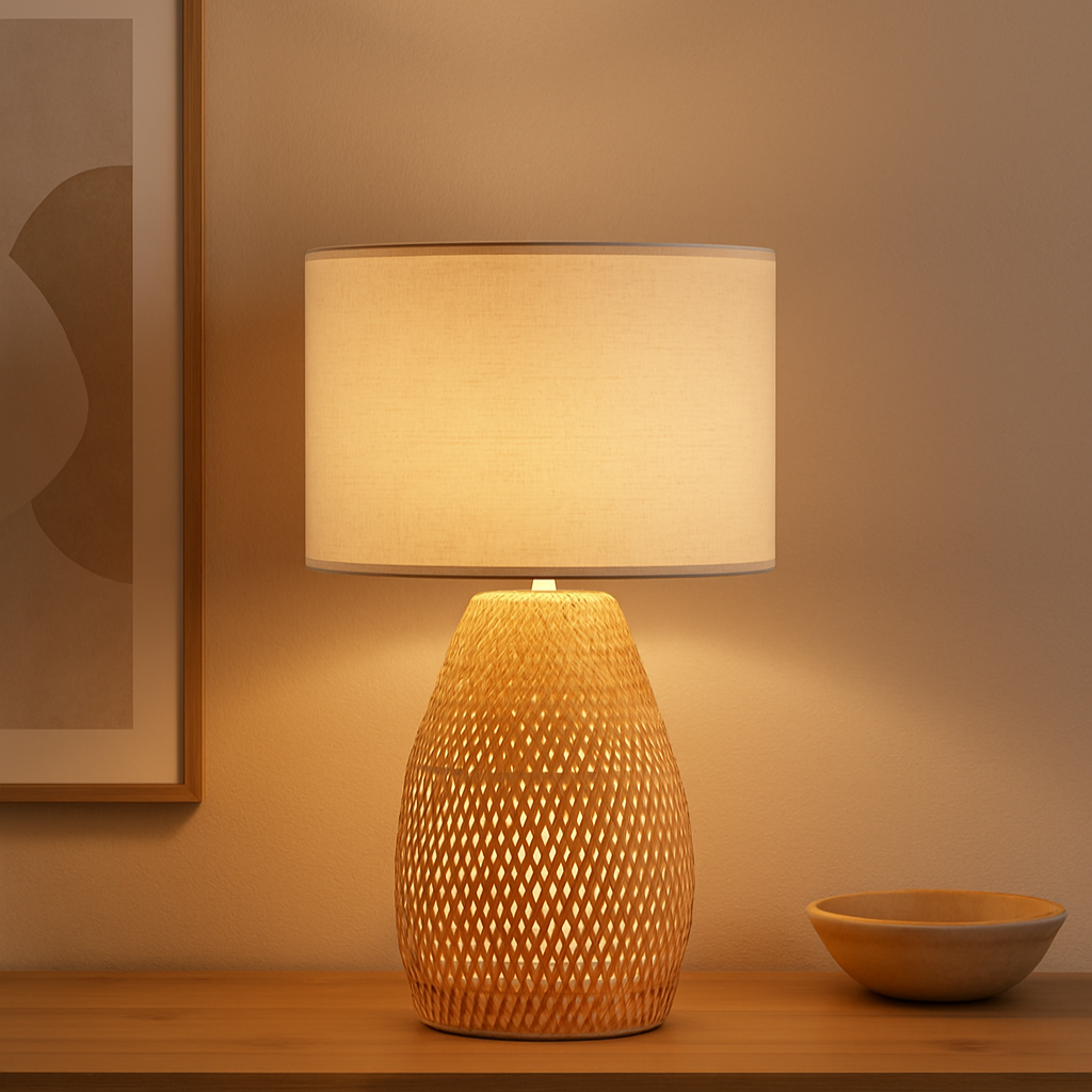Lampe à poser en bambou tressé et abat-jour clair