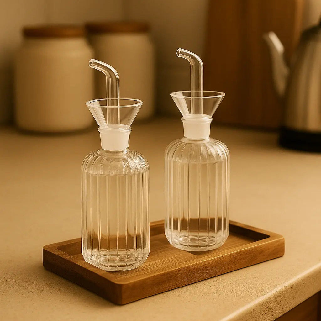 Ensemble huilier/vinaigrier en verre et bois KINA