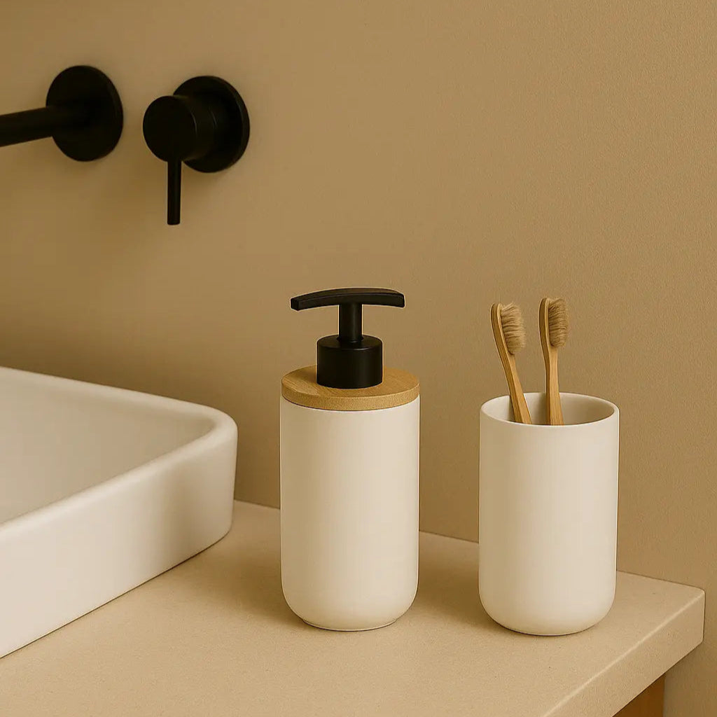Ensemble de bain céramique blanc & bambou BALOO