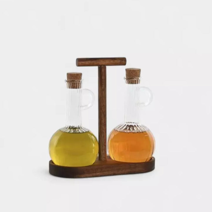 Duo huilier et vinaigrier en verre & bois d’acacia