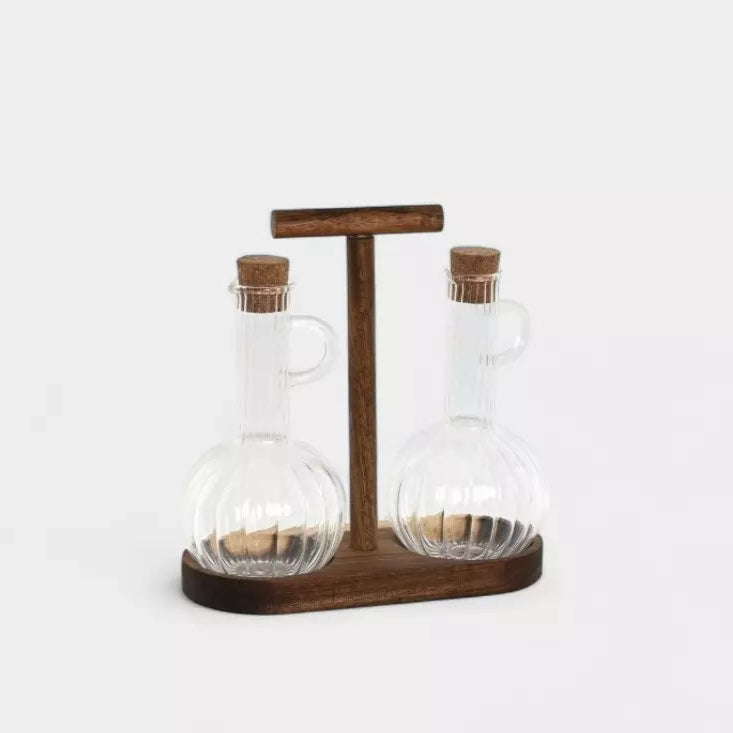 Duo huilier et vinaigrier en verre & bois d’acacia