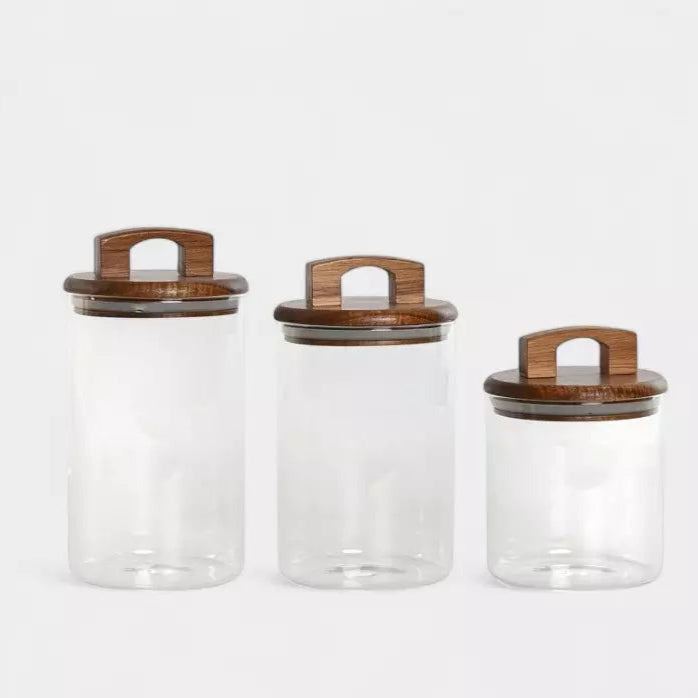 Bocaux en verre et bois avec anses (3 pièces)