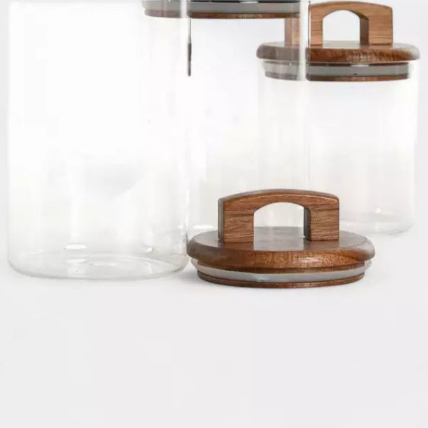 Bocaux en verre et bois avec anses (3 pièces)