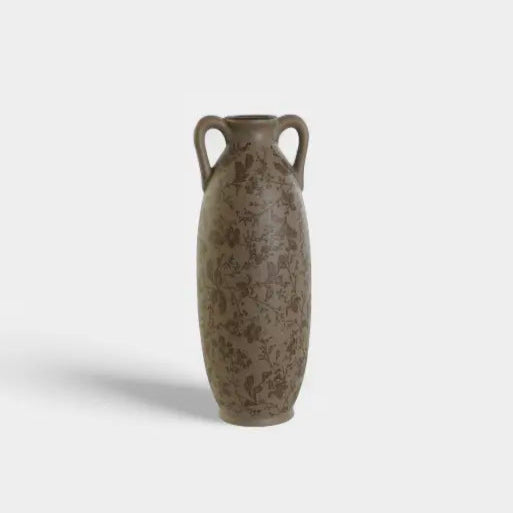 Grand vase en grès brun à motifs floraux