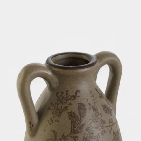 Grand vase en grès brun à motifs floraux