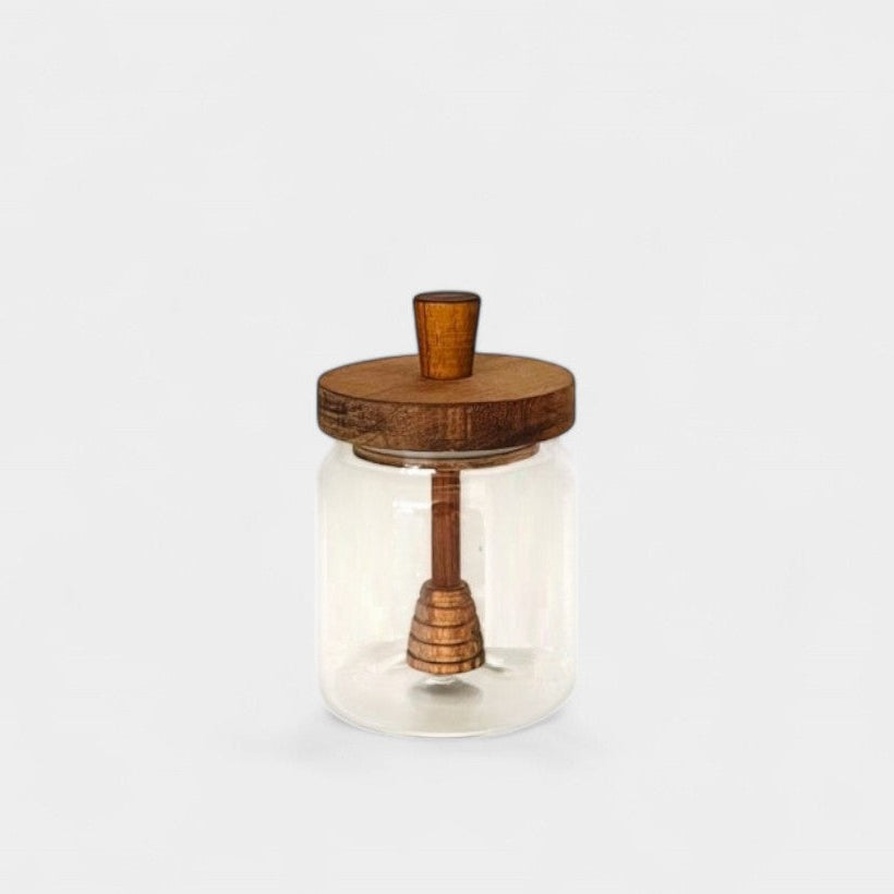 Pot à miel en verre et bois naturel avec cuillère intégrée WINNIE