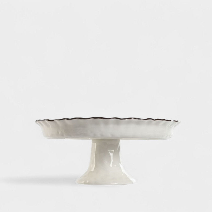 Assiette sur pied ondulé blanche liseré marron CELESTE