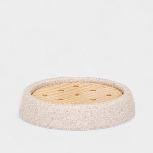 Porte-savon en grès beige et bois ANDREA