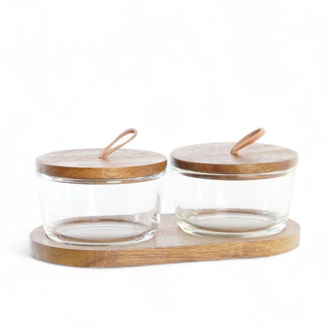 Duo de contenants en verre sur base bois