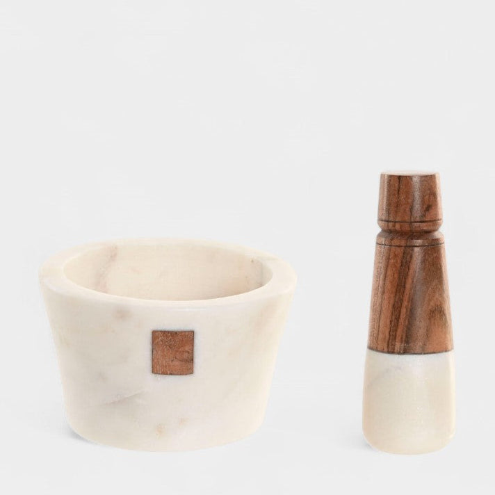 Mortier de cuisine en marbre blanc et bois d'acacia