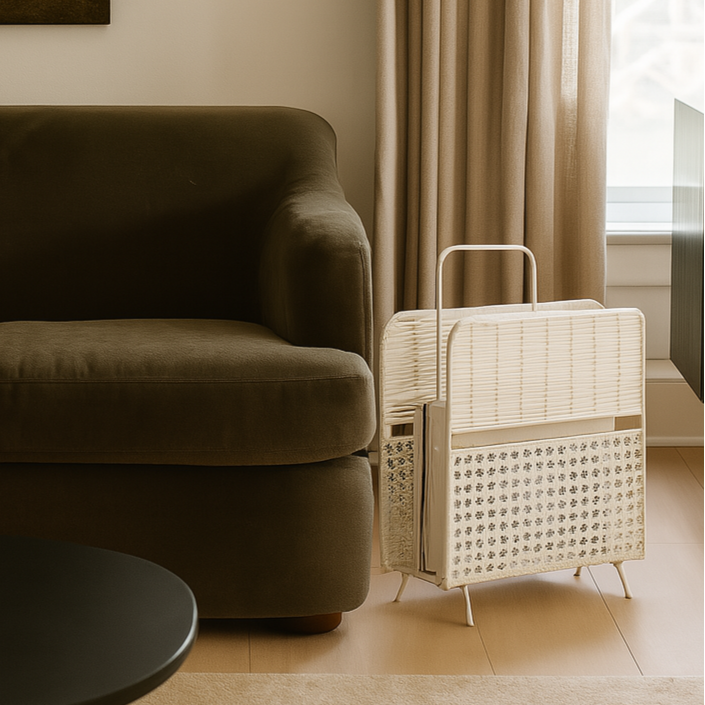 Porte-revues en métal blanc et osier naturel