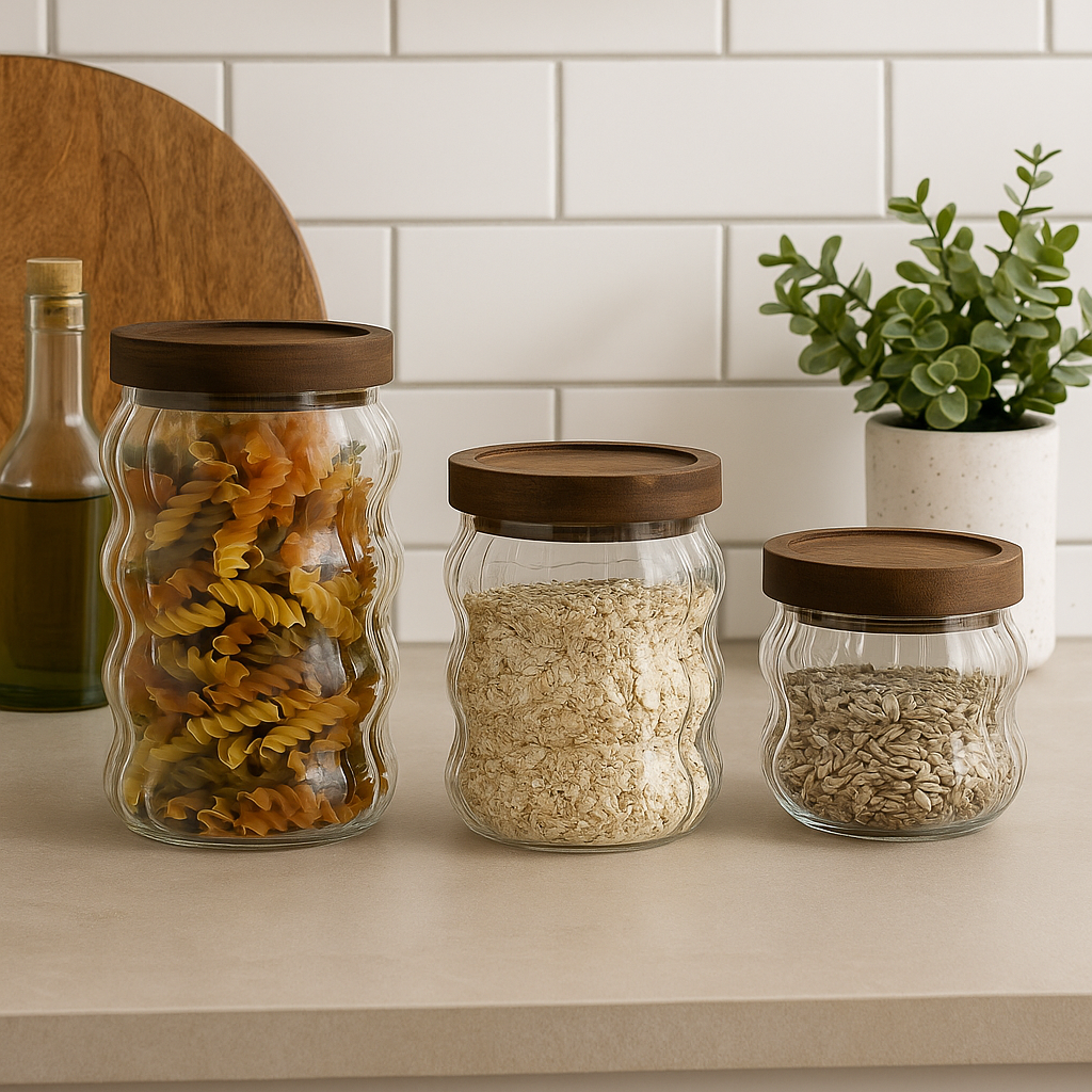 Bocaux en verre ondulé avec couvercle bois