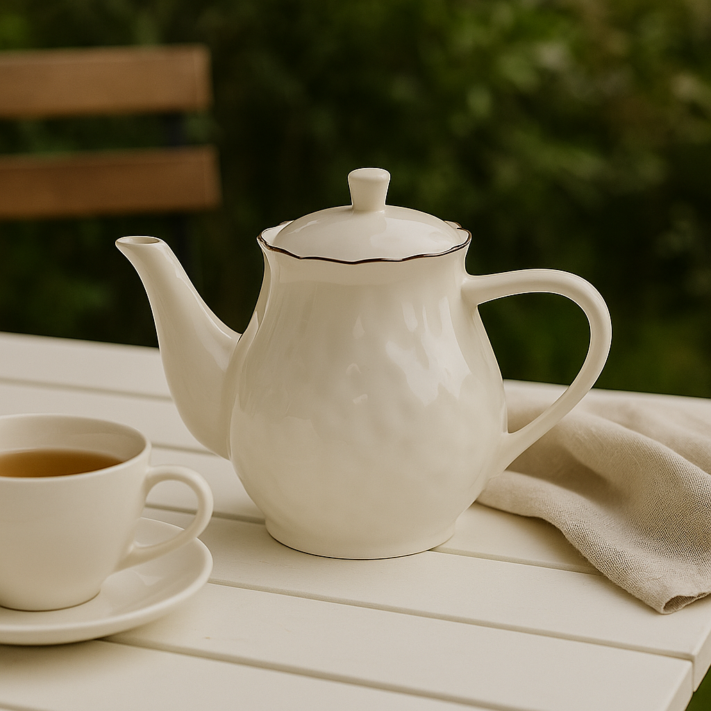 Théière blanche en porcelaine avec détails ondulés et rebord marron CÉLESTE