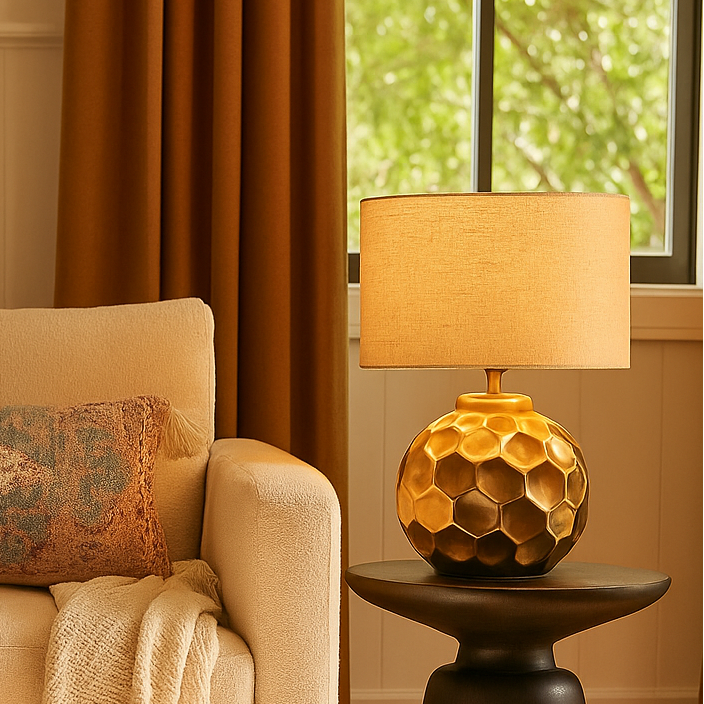 Lampe martelée dorée et abat-jour beige