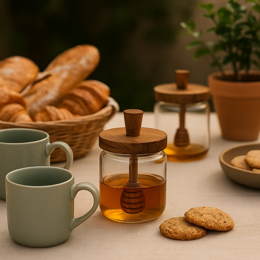 Pot à miel en verre et bois naturel avec cuillère intégrée WINNIE