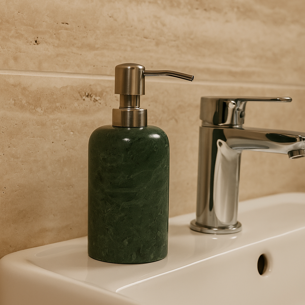 Distributeur de savon en marbre vert et acier inoxydable
