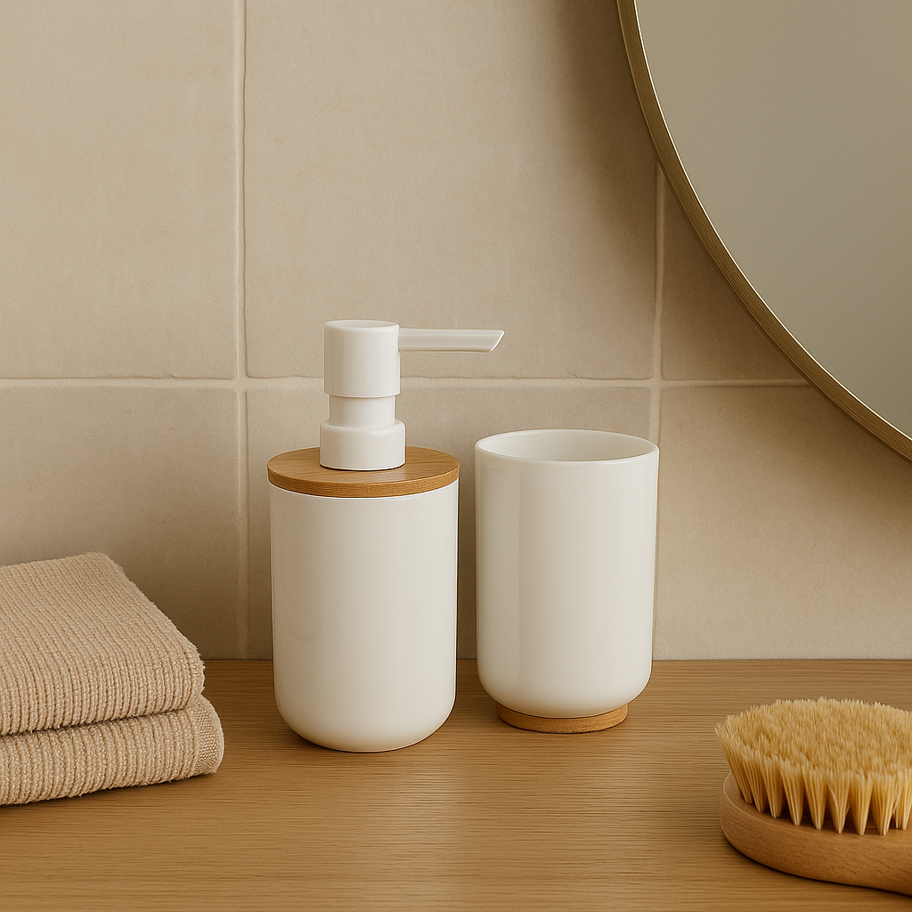 Set de bain élégant en céramique blanche et bambou