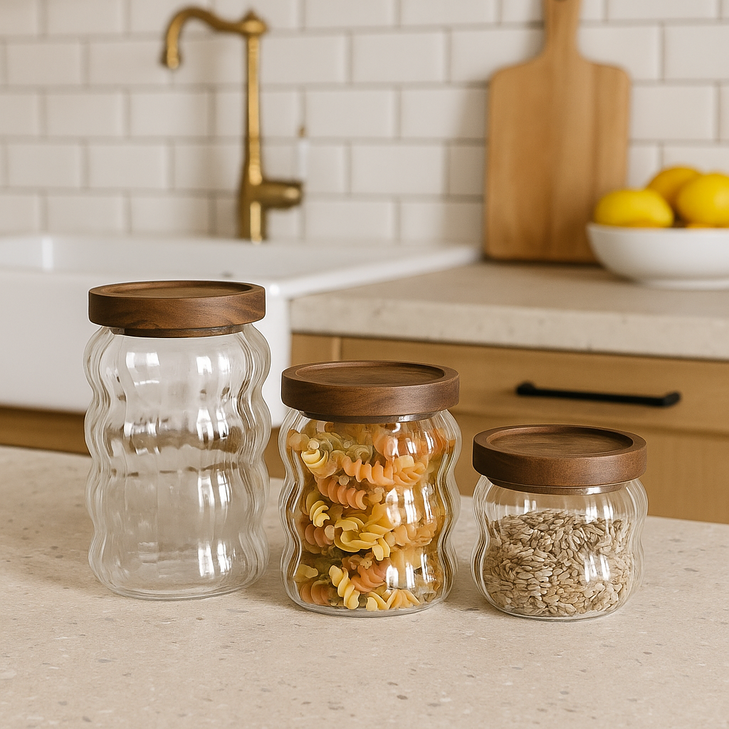 Bocaux en verre ondulé avec couvercle bois