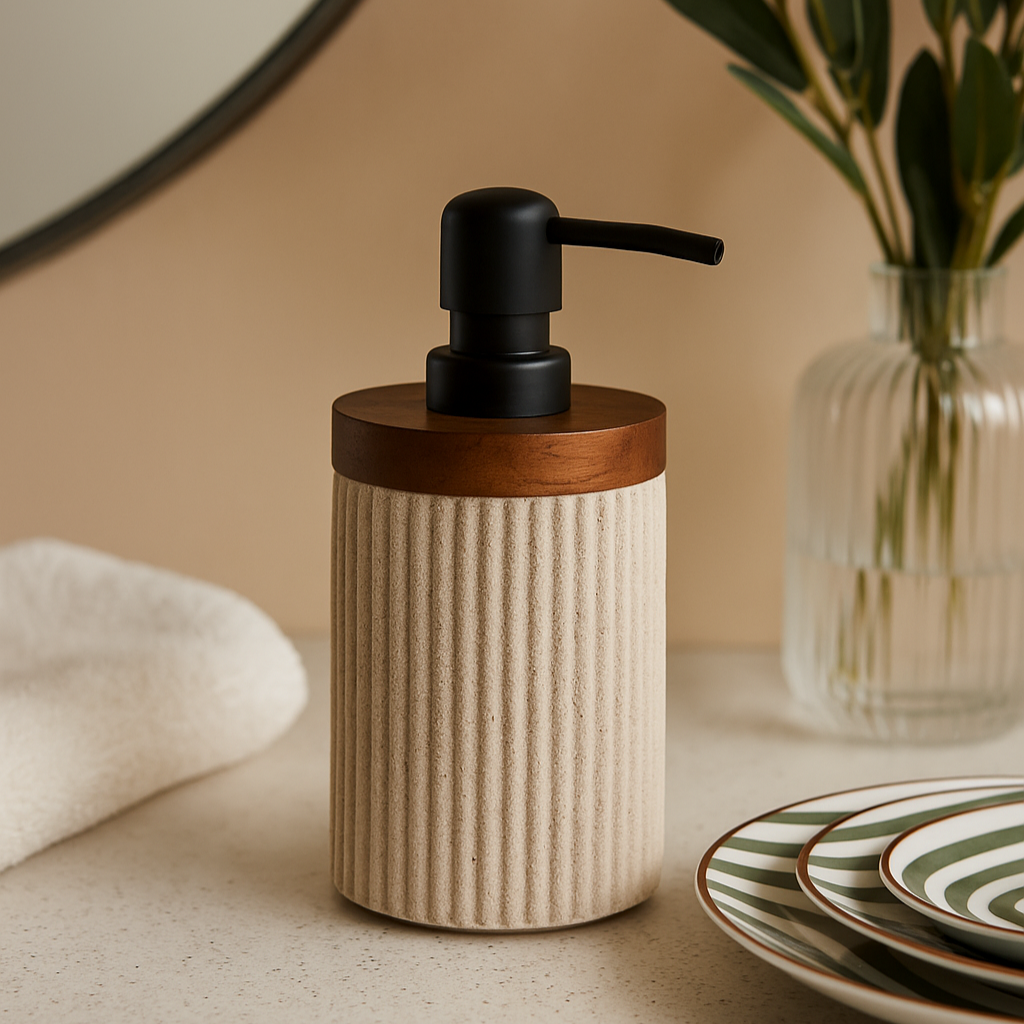 Distributeur de savon texturé en résine beige et bois foncé ALBA