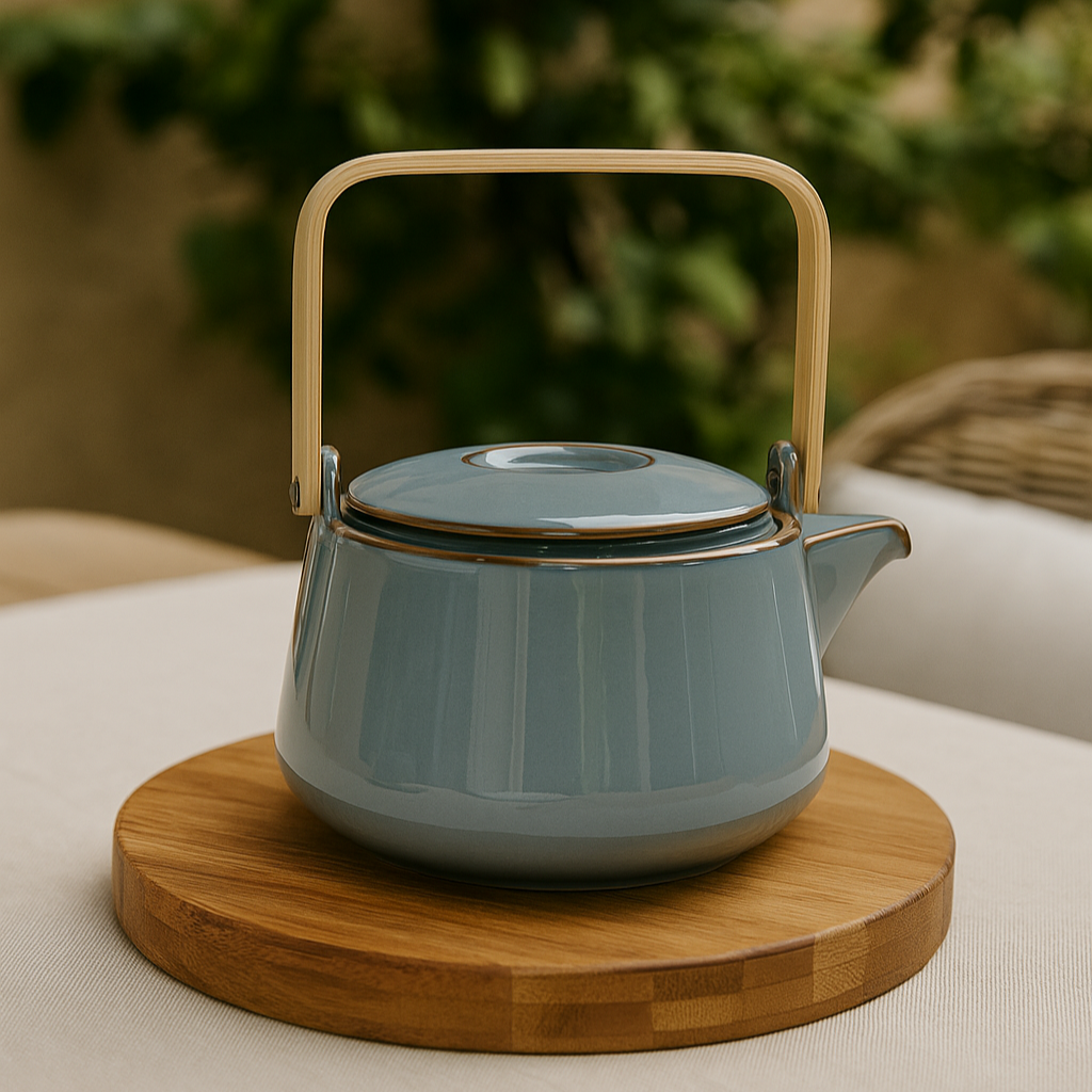Théière en porcelaine bleu grisé avec anse en bois HANA