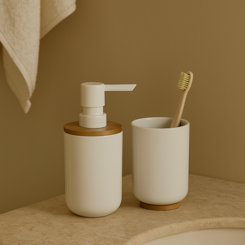 Set de bain élégant en céramique blanche et bambou