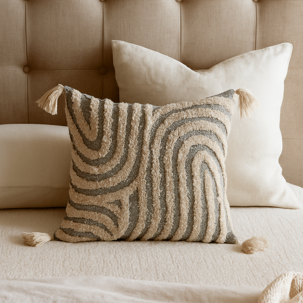 Coussin gris et beige texturé à pompons