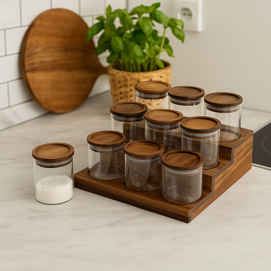 Set de pots à épices avec socle escalier en bois GUSTAVE