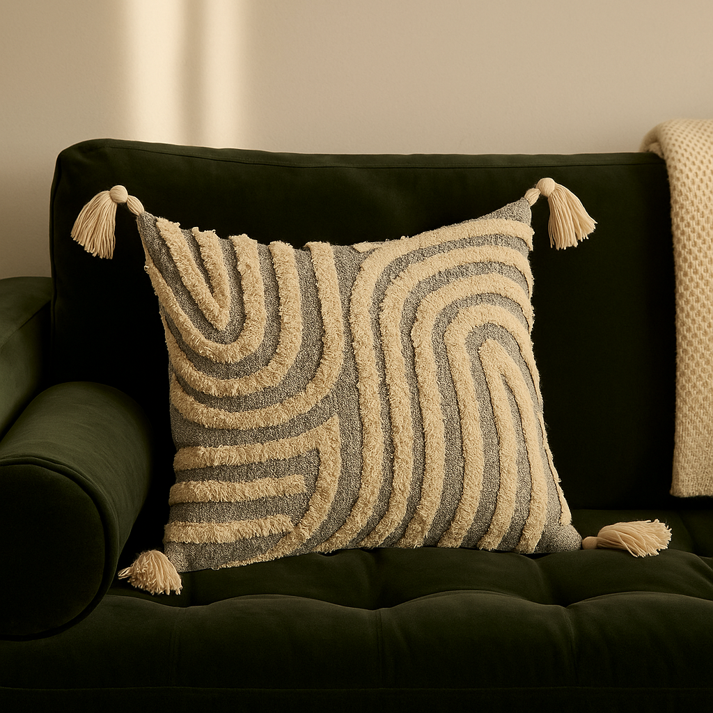 Coussin gris et beige texturé à pompons