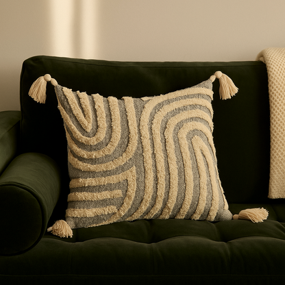 Coussin gris et beige texturé à pompons