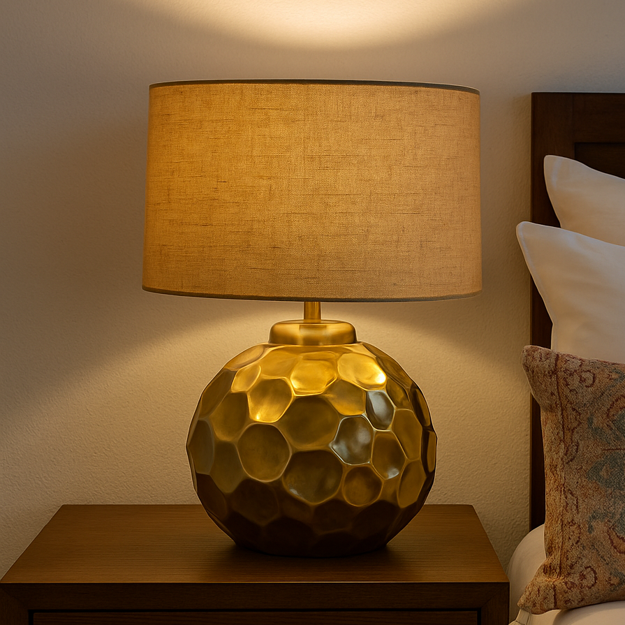 Lampe martelée dorée et abat-jour beige