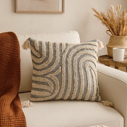 Coussin gris et beige texturé à pompons