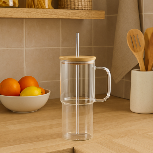 Mug en verre avec couvercle bambou et paille LÉO