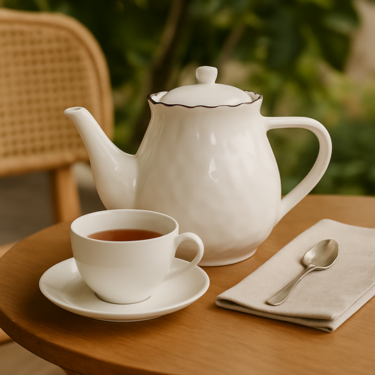 Théière blanche en porcelaine avec détails ondulés et rebord marron CÉLESTE
