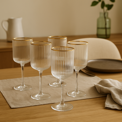 Verres à pied en verre nervuré et liseré doré CLÉO (6 unités)