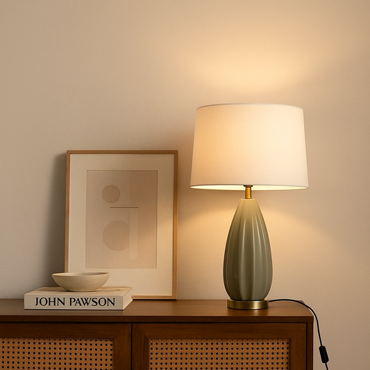 Lampe en grès vert avec abat-jour blanc en lin LAURA